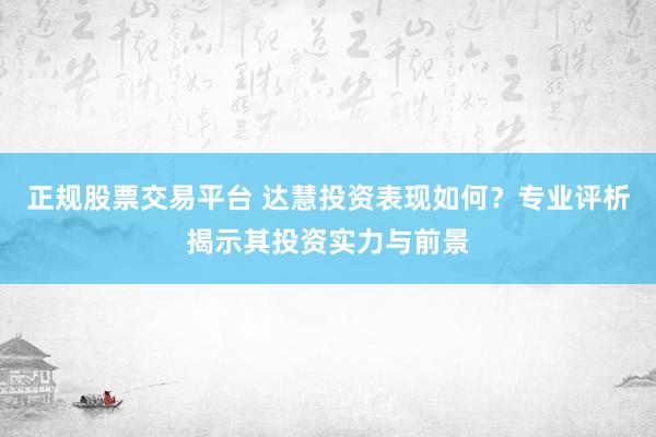 正规股票交易平台 达慧投资表现如何?专业评析揭示其投资实力与前景
